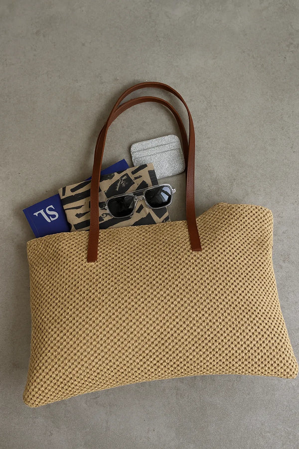 Kadın Fermuarlı Örme Hasır Omuz Çantası Palm - Koyu Hasır