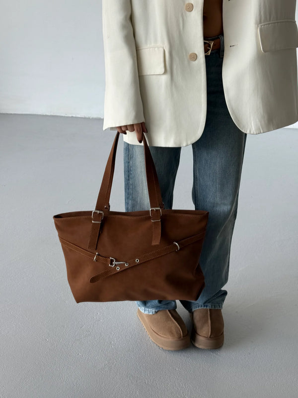 Kadın Kemer Detaylı Omuz Çantası Madrid - Taba Süet