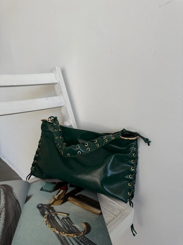 Kadın  Örgü Detaylı Kırışık Omuz Çantası Nomi - Yeşil