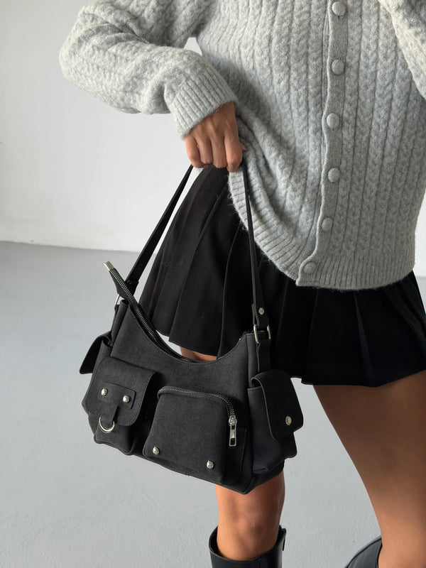 Kadın Çok Cepli Omuz Çantası Poli - Siyah Süet