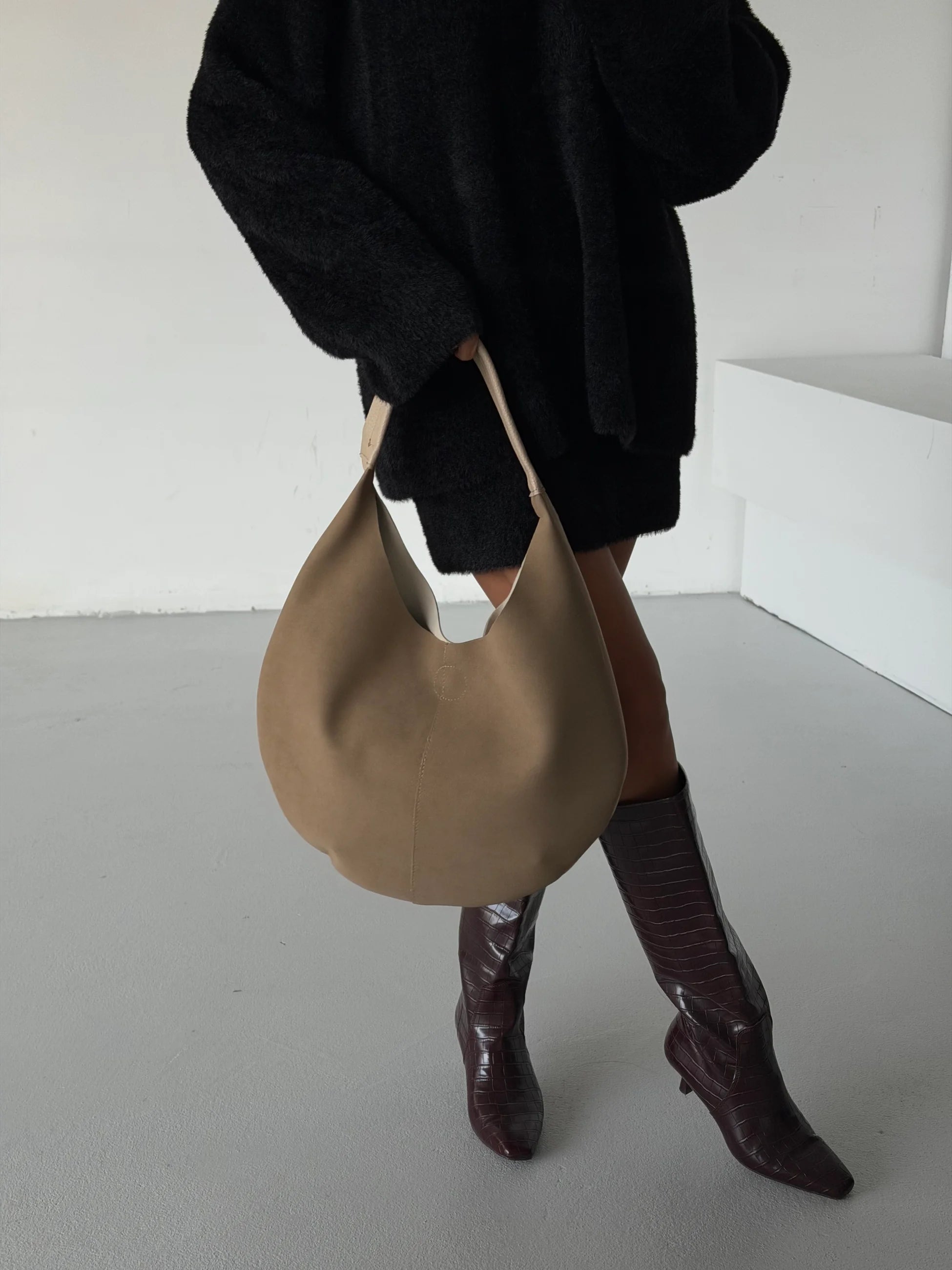 Kadın Süet Deri Çift Taraflı Omuz Çantası Bond - Vizon