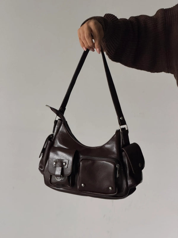 Kadın Çok Cepli Omuz Çantası Poli - Mat Kahve