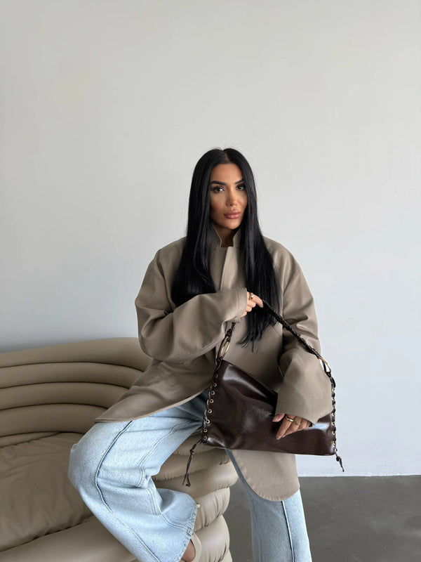 Kadın  Örgü Detaylı Kırışık Omuz Çantası Nomi - Kahve