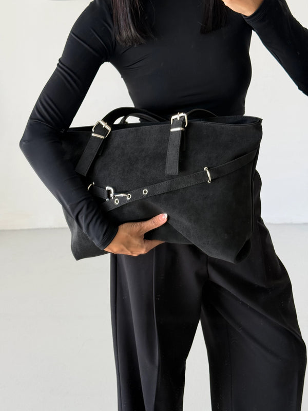 Kadın Kemer Detaylı Omuz Çantası Madrid - Siyah Süet