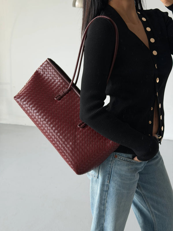 Örgü Desenli Tote Çanta Lizbon - Bordo