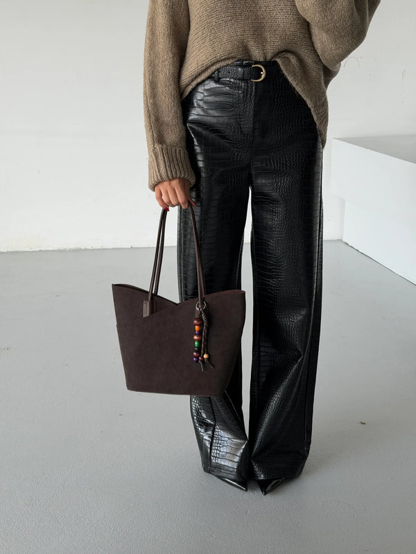 Kadın Charm Detaylı Süet Omuz Çantası Roche - Kahve