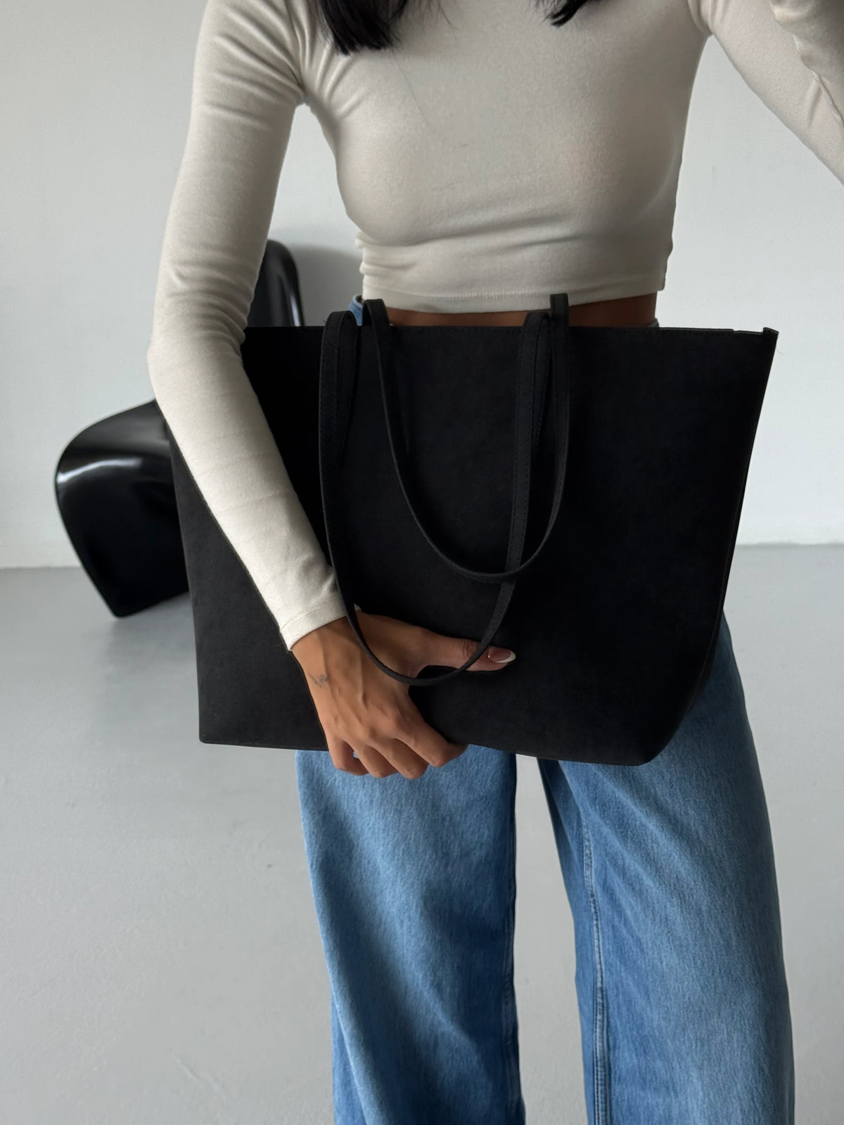 Kadın Fermuarlı Çift Saplı Shopper Omuz Çantası Sable - Siyah Süet