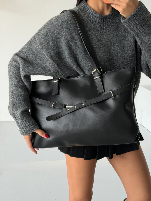 Kadın Kemer Detaylı Omuz Çantası Madrid - Siyah Deri