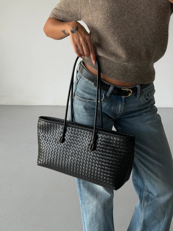 Örgü Desenli Tote Çanta Lizbon - Siyah
