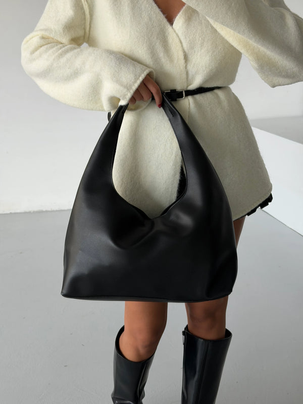 Kadın Suni Süet Omuz Çantası Paris - Siyah Deri