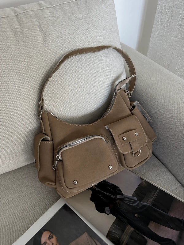 Kadın Çok Cepli Omuz Çantası Poli - Vizon Süet