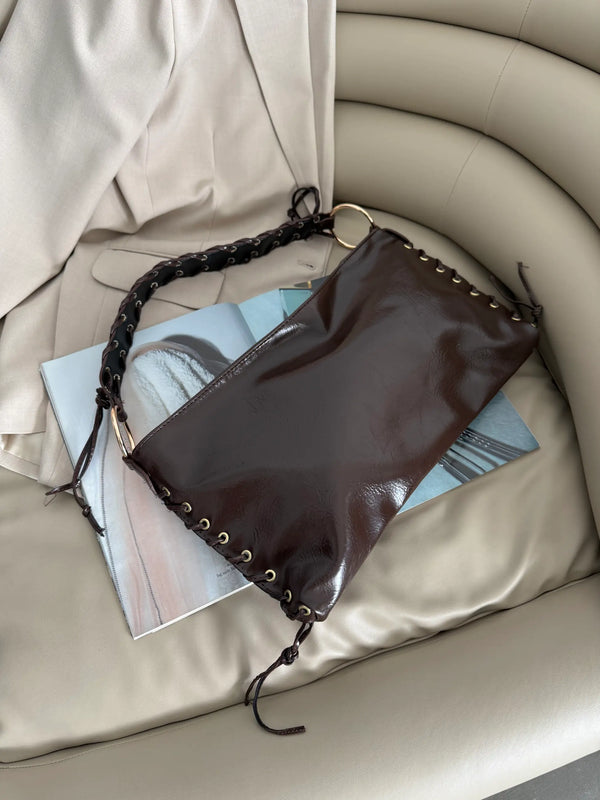 Kadın  Örgü Detaylı Kırışık Omuz Çantası Nomi - Kahve