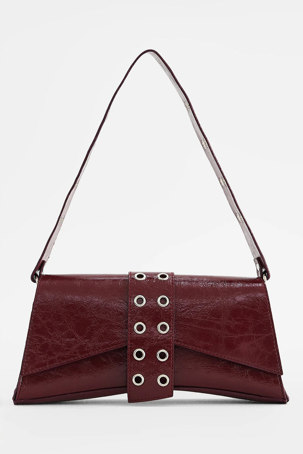 Kadın Asimetrik Zımbalı Baget Çanta Kate - Bordo