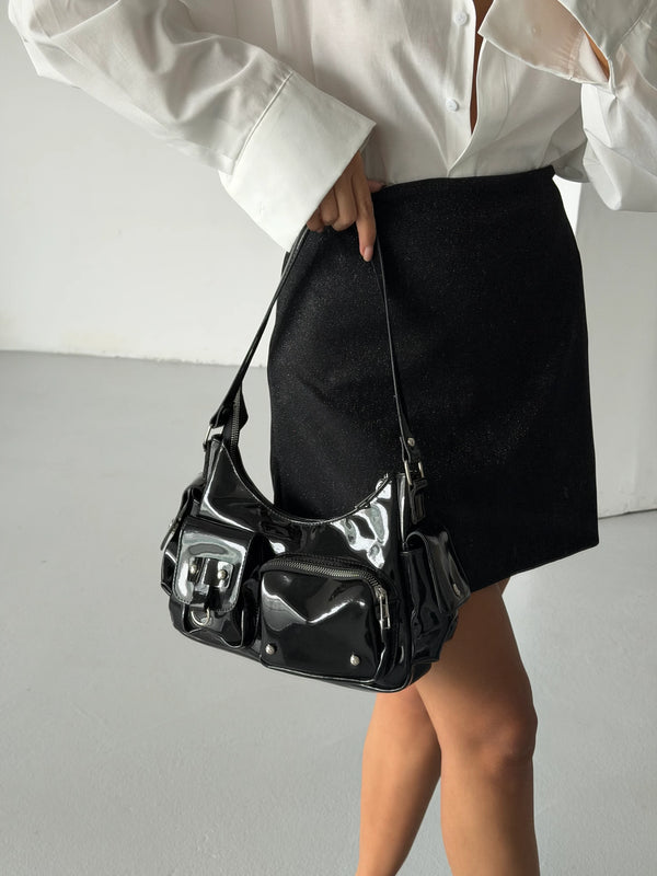 Kadın Çok Cepli Omuz Çantası Poli - Siyah Rugan