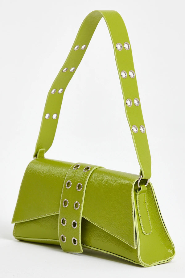 Kadın Asimetrik Zımbalı Baget Çanta Kate - Neon Yeşil