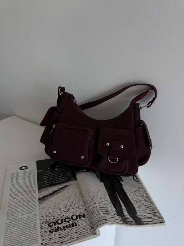 Kadın Çok Cepli Omuz Çantası Poli - Bordo Süet