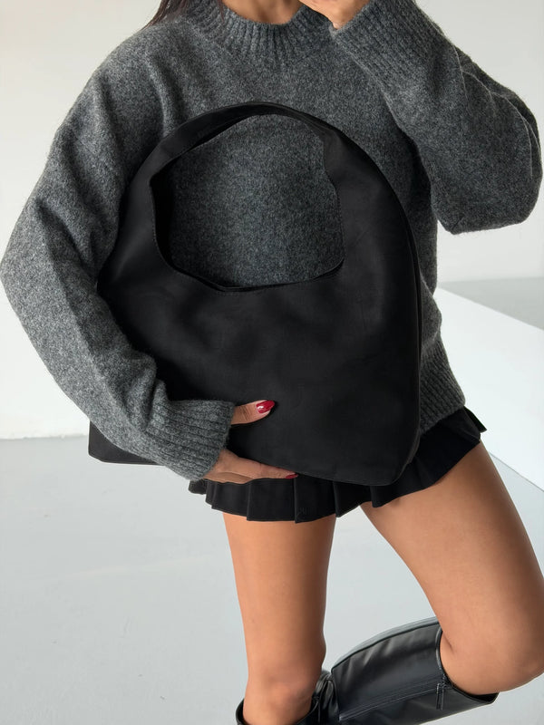 Kadın Suni Süet Omuz Çantası Paris - Siyah Süet