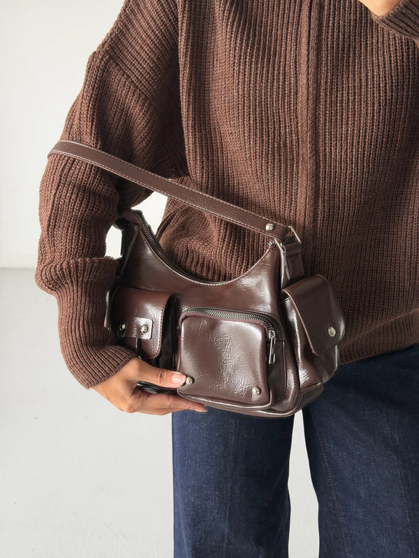 Kadın Çok Cepli Omuz Çantası Poli - Mat Kahve