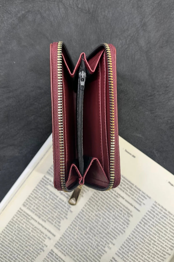 Desenli Fermuarlı Cüzdan - Bordo
